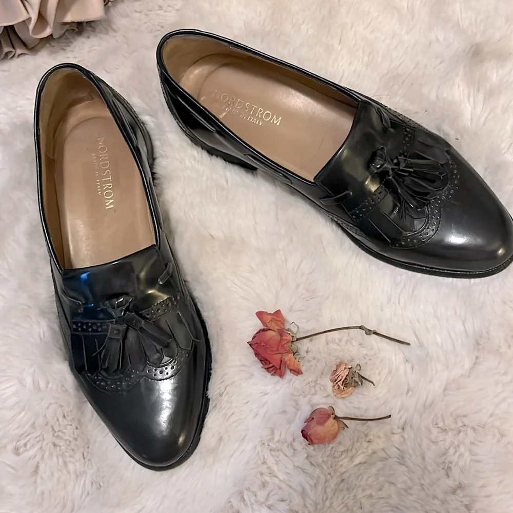 Nordstrom Italy Men’s Black Leather Slip On Wingtip Kiltie Tassel Oxford Loafers